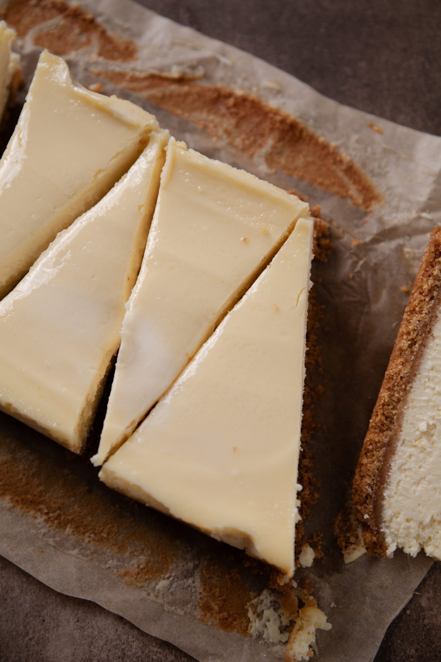 A top-down view of my homemade bread pan cheesecake made without gelatin.