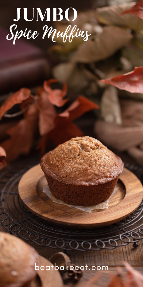 Soft and moist jumbo spice muffins with big tops and crisp exteriors. A must-make Fall-time recipe. | bbe
