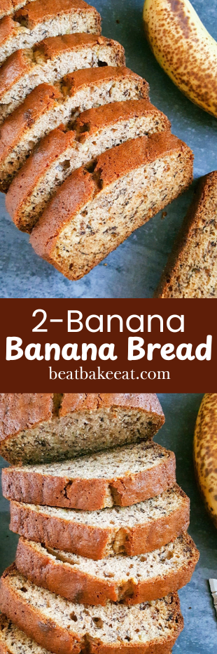 A one-bowl banana bread recipe for 2 bananas that requires less than 10 minutes prep. It is so soft, moist, and delicious.