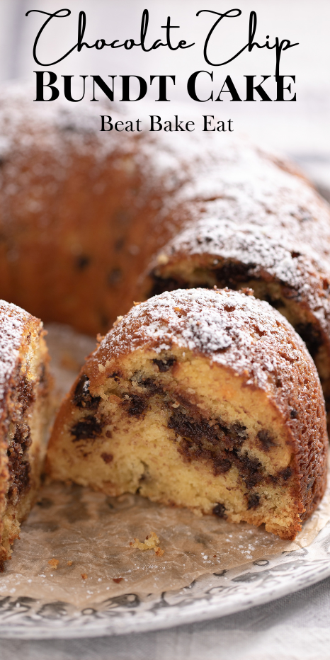 A moist and soft chocolate chip bundt cake made with yellow cake mix. | Beat Bake Eat