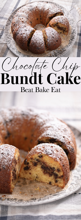 A cake mix cake studded with chocolate chips.