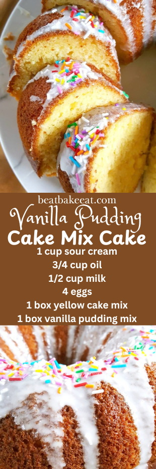 A super easy cake mix vanilla cake recipe with pudding and sour cream. It turns out perfect every single time.