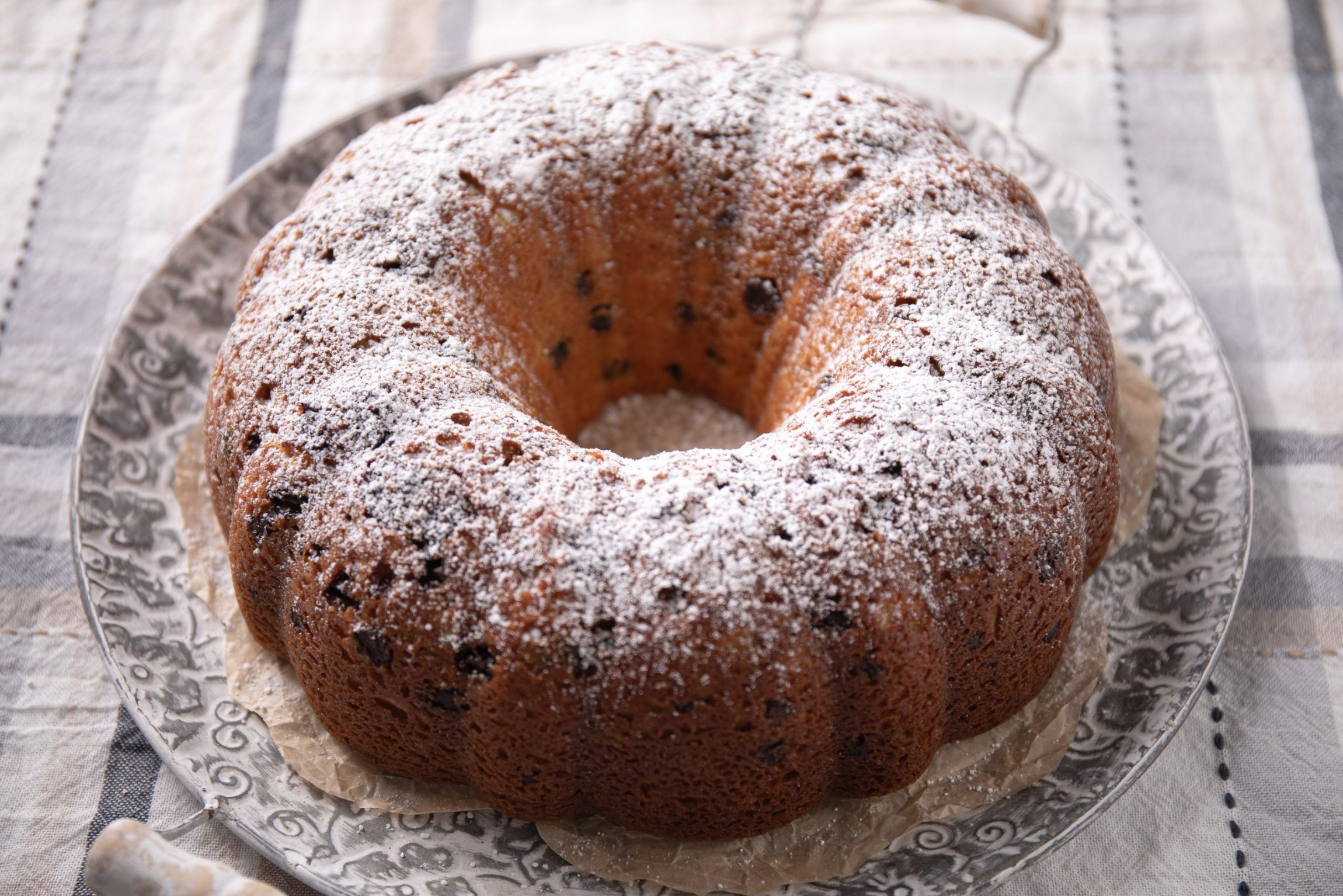 Horizontal photo of a chocolate chip bundt cake | Food Photography
