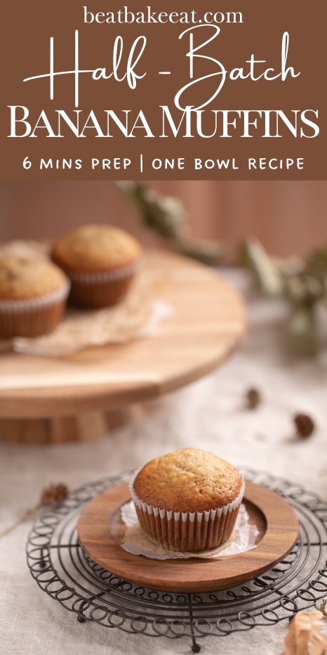 A half batch recipe for banana muffins; quick and easy to make and yields 6 moist muffins.