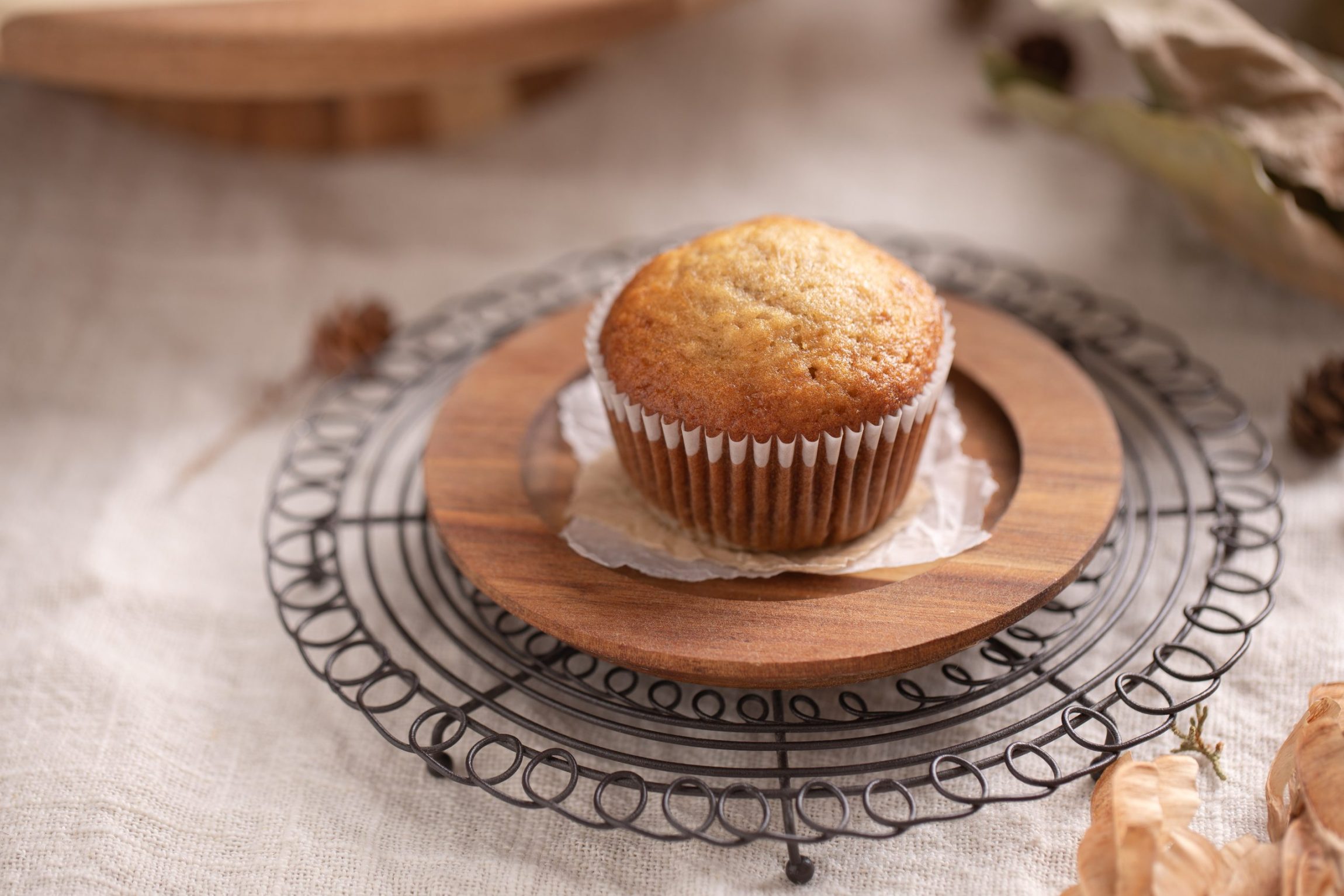 A horizontal photo of a banana muffin on a plate. | Food Photography