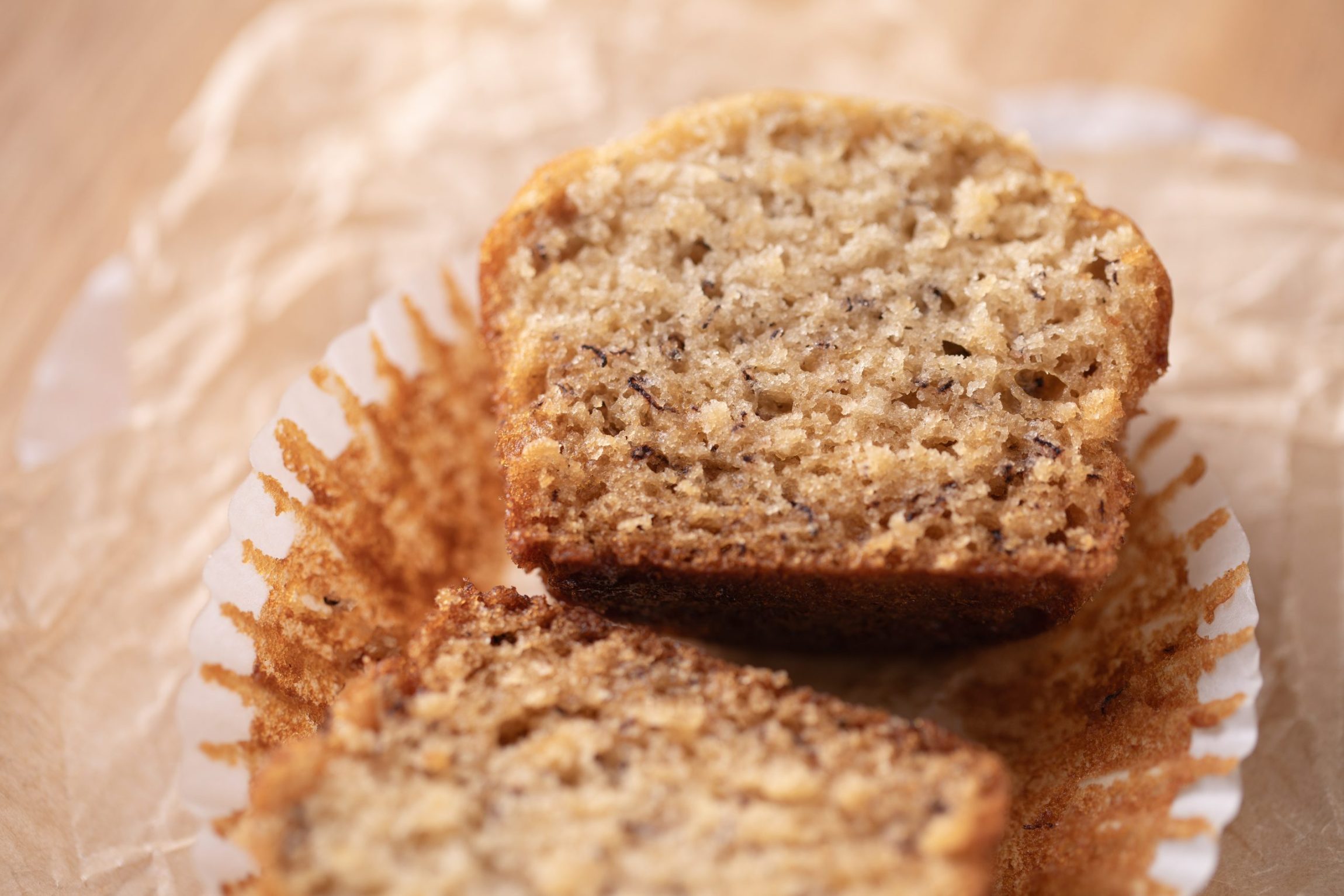 A texture shot of the interior of a banana muffin from a small batch banana muffin recipe. | Beat Bake Eat